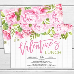 May include: A pink and green floral Valentine's Day lunch invitation with white woodgrain background. The invitation includes the date February 14th, time 1:00 PM, and the text "Valentine's Lunch" in pink script. The text "Hosted by: The Robinson Family" is also included.