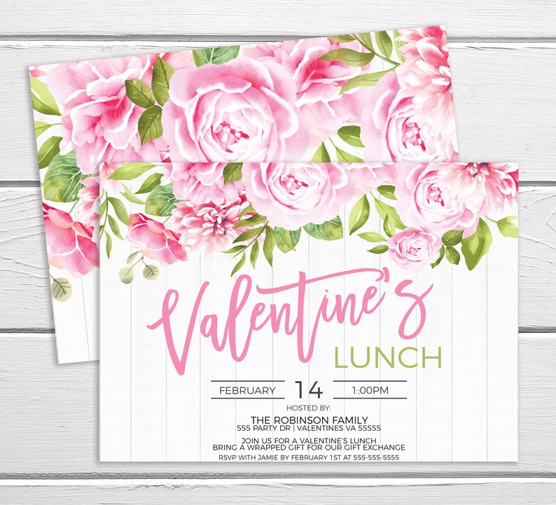 May include: A pink and green floral Valentine's Day lunch invitation with white woodgrain background. The invitation includes the date February 14th, time 1:00 PM, and the text "Valentine's Lunch" in pink script. The text "Hosted by: The Robinson Family" is also included.
