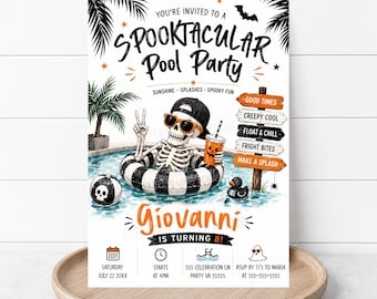 Inbjudan till sommar-Halloween-pool, gotisk sommar-poolparty, läskig sommarfödelsedag, redigerbar utskrivbar digital