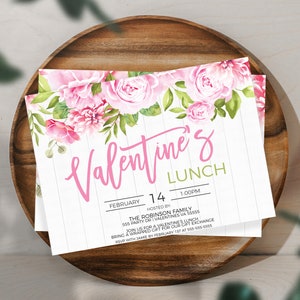 May include: A pink and green floral Valentine's Day lunch invitation with the text "Valentine's Lunch" and the date "February 14, 1:00PM".