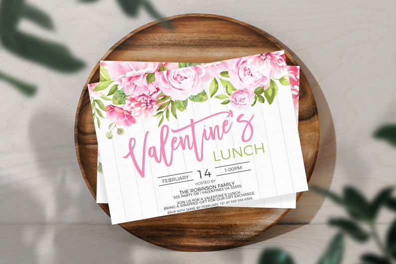 May include: A pink and green floral Valentine's Day lunch invitation with the text "Valentine's Lunch" and the date "February 14, 1:00PM".
