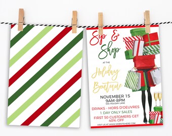 May include: A red and green striped background with a flyer for a Sip & Shop event at the Holiday Boutique. The flyer features a woman carrying a stack of wrapped gifts and shopping bags. The event is on November 15th from 9am to 8pm at 555 Holiday Lane. Drinks and hors d'oeuvres will be served. The first 50 customers will receive 40% off their purchases.