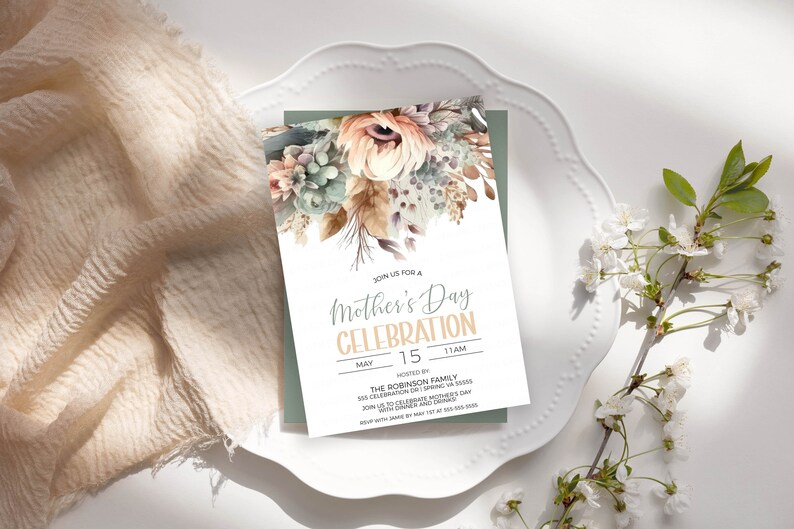 May include: A floral-themed invitation for a Mother's Day celebration. The invitation features a watercolour illustration of flowers in shades of peach, green, and brown. The text reads "Join us for a Mother's Day Celebration, May 15, 11 AM, Hosted by The Robinson Family".