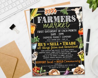 May include: A black Farmers Market sign with watercolor illustrations of produce, a lamb, and a chick. The sign includes the market's hours, location, and a call to buy, sell, and trade farm goods.