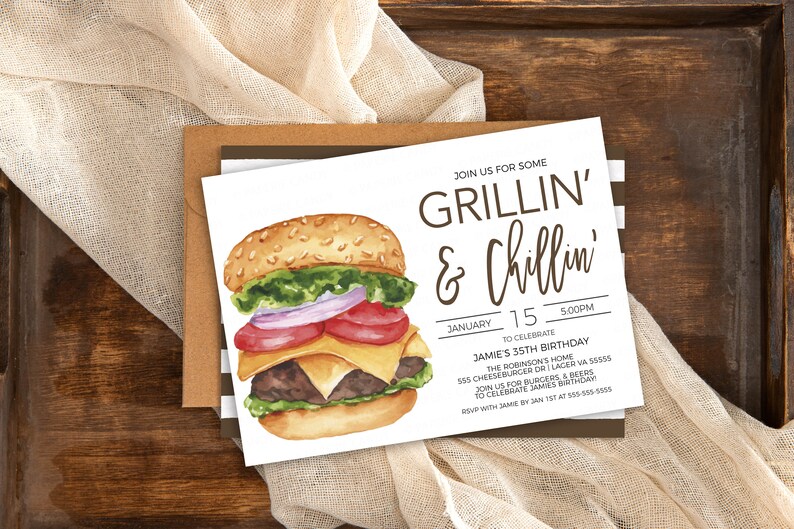 May include: A white invitation card with brown text that reads "Join us for some Grillin' & Chillin'" and details for a birthday party. The card features a watercolour illustration of a hamburger.