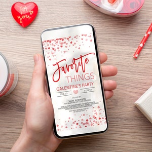 Inbjudan till Alla hjärtans dags favoritsaker, Galentines inbjudan, Alla hjärtans dag-presentbytesfest för damer och vänner, Alla hjärtans dag utskrivbar och redigerbar bild 3