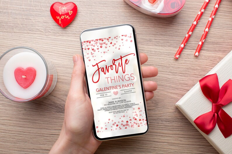 Inbjudan till Alla hjärtans dags favoritsaker, Galentines inbjudan, Alla hjärtans dag-presentbytesfest för damer och vänner, Alla hjärtans dag utskrivbar och redigerbar bild 3