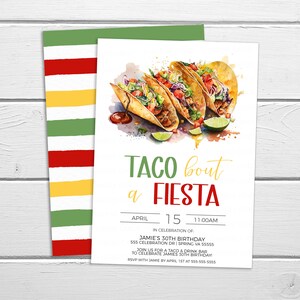 Puede incluir: Una invitaci&oacute;n a una fiesta Taco bout a Fiesta el 15 de abril a las 11:00 AM. La invitaci&oacute;n presenta una ilustraci&oacute;n de acuarela de tacos con limones y salsa. El texto "Taco bout a Fiesta" est&aacute; escrito en verde y amarillo. El texto "Abril 15" y "11:00 AM" est&aacute; escrito en negro. El texto "En celebraci&oacute;n del 30 cumplea&ntilde;os de Jamie" est&aacute; escrito en negro. El texto "555 Celebration Dr | Spring VA 55555" est&aacute; escrito en negro. El texto "&iexcl;&Uacute;nete a nosotros para un bar de tacos y bebidas para celebrar el 30 cumplea&ntilde;os de Jamie!" est&aacute; escrito en negro. El texto "RSVP con Jamie antes del 1 de abril al 555-555-5555" est&aacute; escrito en negro.