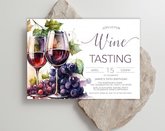 Puede incluir: Invitación a una cata de vinos con una ilustración de acuarela de dos copas de vino tinto y uvas. La invitación es para el cumpleaños número 35 de Jamie, el 15 de abril a las 5:00 PM. La dirección es 555 Celebration Dr, Party, VA 55555. Confirma tu asistencia antes del 1 de enero al 555-555-5555.