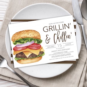 May include: A white invitation card with a watercolour illustration of a hamburger. The text on the card reads "Join us for some Grillin' & Chillin'" and includes details for Jamie's 35th birthday party.