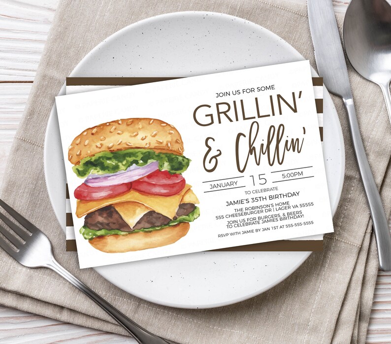 May include: A white invitation card with a watercolour illustration of a hamburger. The text on the card reads "Join us for some Grillin' & Chillin'" and includes details for Jamie's 35th birthday party.