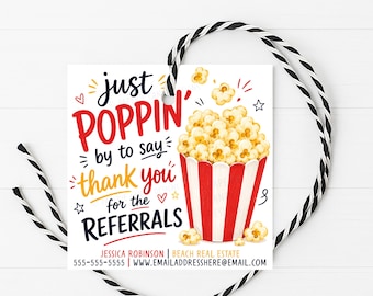 Popcorn Referral Pop By Tag, Just Poppin By Marketing Label, Printable Digital Editable