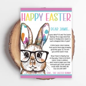 Carta del conejito de Pascua, carta editable del conejito de Pascua, sorpresa de la mañana de Pascua para niños, juego de búsqueda de canastas de huevos de Pascua, Pascua de lúpulo imprimible