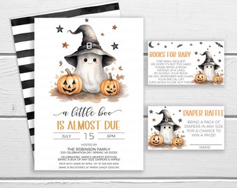 Halloween-Babyparty-Einladungs-Bundle, Windel-Verlosungskarte einladen und Bücher für Baby-Karten, kleiner Boo ist fast fällig bearbeitbar druckbar