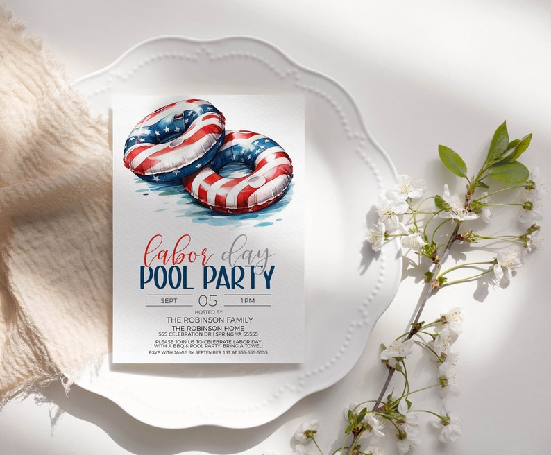 May include: Invitation to a Labor Day pool party with a watercolor illustration of two inflatable pool rings decorated with the American flag. The invitation includes the date, time, and location of the party.