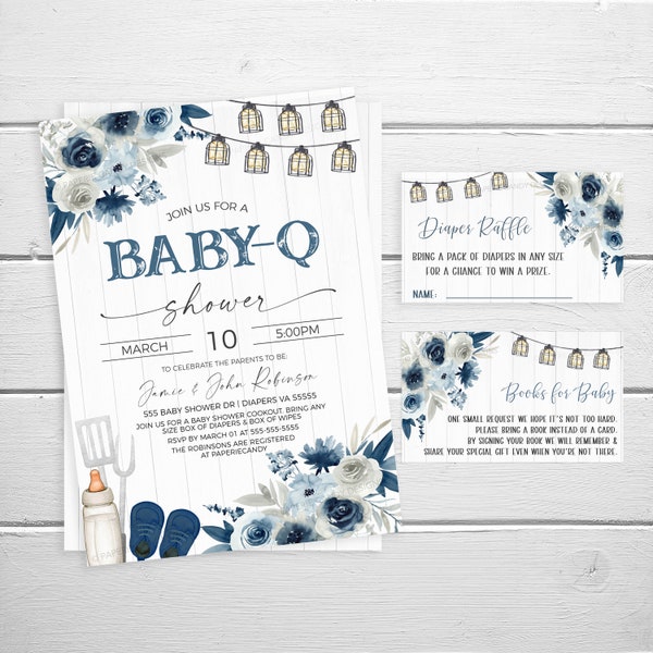 Baby Boy Blue Baby-Q Baby Shower Invitation Bundle, Books For Baby Tickets & Diaper Raffle Tickets Coed Couples Baby Shower BBQ Burgers Beer