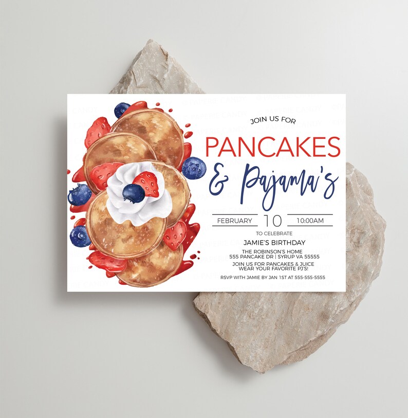 May include: Invitation to a pancake and pajama party for Jamie's birthday on February 10th at 10:00 AM. The invitation features a watercolor illustration of pancakes with blueberries, strawberries, and whipped cream.