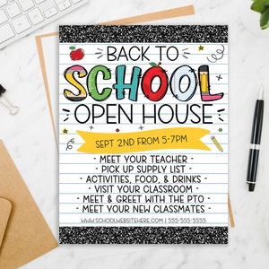 School Open House Flyer, Back To School Meeting, New Students Informational Invitation, PTO PTA Fundraiser, Editable Printable Template