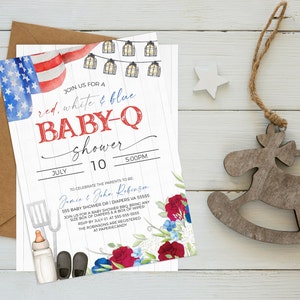 Baby-Q Baby Shower Invitation, Red White Blue Patriotic Babyq Invite American Flag Coed Couples BBQ Burgers Beer Barbecue Editable Printable