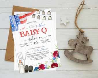 Baby-Q Baby Shower Invitation, Red White Blue Patriotic Babyq Invite American Flag Coed Couples BBQ Burgers Beer Barbecue Editable Printable