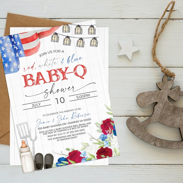 Faire-part Baby-Q pour baby shower, rouge blanc bleu, invitation patriotique Babyq drapeau américain, couples mixtes, barbecue, hamburgers, bière, barbecue, modifiable imprimable