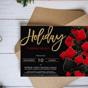 May include: A black and gold invitation for a Holiday Casino Night. The invitation features a gold glitter design with the words "Holiday Casino Night" and a background of red and black playing cards.