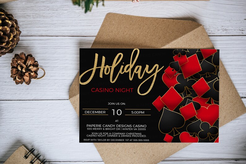 May include: A black and gold invitation for a Holiday Casino Night. The invitation features a gold glitter design with the words "Holiday Casino Night" and a background of red and black playing cards.