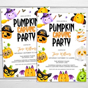 May include: Invitation to a pumpkin carving party hosted by Jamie Williams on Saturday, October 15th at 4:00 PM. The party will be held at The Spooky Place, 555 Spooky Lane. Guests are encouraged to wear a costume and enjoy pumpkin carving, painting, food, and drinks. RSVP with Ms. Williamson at 555-555-5555.