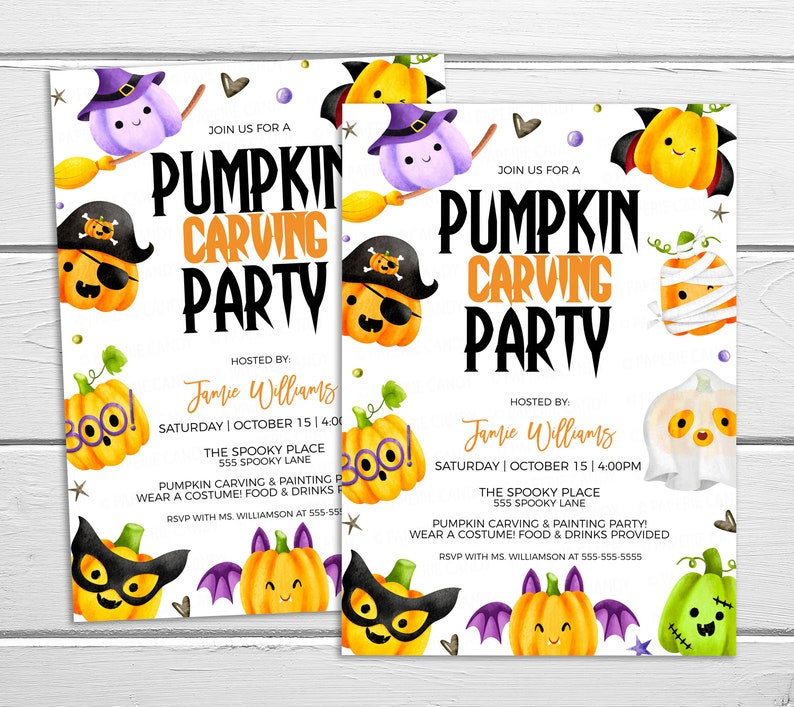 May include: Invitation to a pumpkin carving party hosted by Jamie Williams on Saturday, October 15th at 4:00 PM. The party will be held at The Spooky Place, 555 Spooky Lane. Guests are encouraged to wear a costume and enjoy pumpkin carving, painting, food, and drinks. RSVP with Ms. Williamson at 555-555-5555.