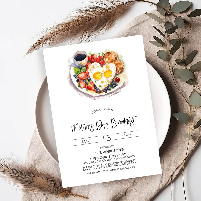 Mors dag-inbjudan, mors dag-frukostinbjudan, mors dag-brunchfirande, mors dag-fest, digitalt redigerbar utskrivbar bild 5