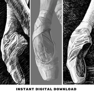 Ballett Spitzenschuhe Skizze Kunst 3er Set Printable | High-Res Schwarz-Weiß-Tanz-Wanddekor | Einfarbiger Digitaler Download für A1 Druck
