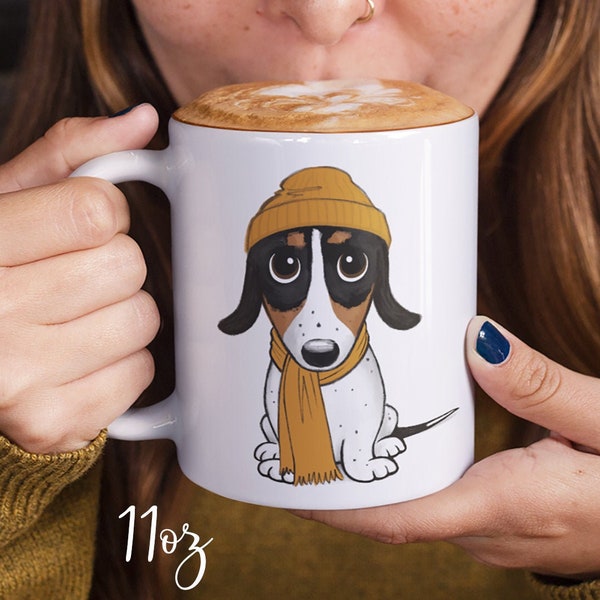 Piebald Dachshund Coffee Mug Cute Hipster Dog Wearing Orange Beanie Cozy Fall / Winter Ceramic Cup Black and Tan Doxie Puppy Lover's Gift