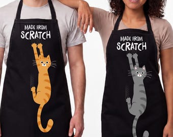 Grembiule per amanti dei gatti, realizzato da zero. Scegli tra arancione o grigio. Grembiule da cucina nero con gatto tigrato. Regalo divertente per amanti dei gatti.