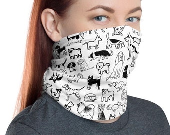 Dogs Neck Gaiter Black and White Dog Drawings Cute Face Mask Scarf / Headband Dog Breeds Pug, Bichon, Keeshond, Pomeranian, Pekingese