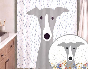 Tenda da doccia con levriero italiano e whippet, decorazione per il bagno originale per gli amanti dei cani, Iggy, cane cartone animato grigio e bianco.