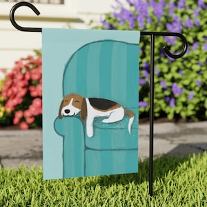Bandera de jardín de Beagle durmiente, lindo perro durmiendo en el sofá, pancarta para el hogar, impresión de doble cara, 2 tamaños