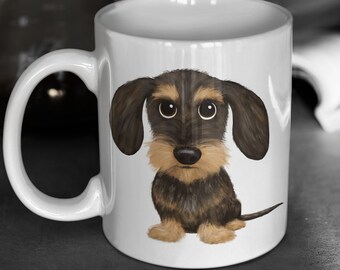 Drahthaar Dackel Kaffeebecher | Netter Drahthaariger Cartoon Hund | Wildschwein und Tan Teckel Keramikbecher 11 Unzen oder 15 Unzen Original Doxie Liebhaber Geschenk