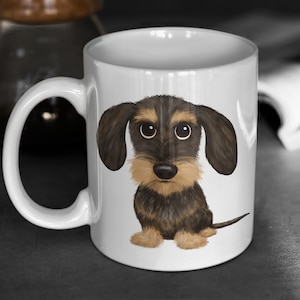 Wirehaired Dachshund Coffee Mug | Cute Wire Haired Cartoon Dog | Wild Boar and Tan Teckel Ceramic Mug 11oz or 15oz Original Doxie Lover Gift