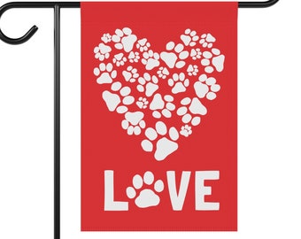 Dog Paw Prints LOVE Flag Heart with Paw Prints Dog Lover Red Garden Flag House Flag Valentine Gift ~ Pole Not Included