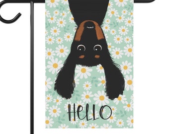 Cute Dachshund Garden Flag Hello Black and Tan Wiener Dog Funny Greeting Floral Flag Doxie Mom Gift Dachsie Lover Dad Gift Home and Garden