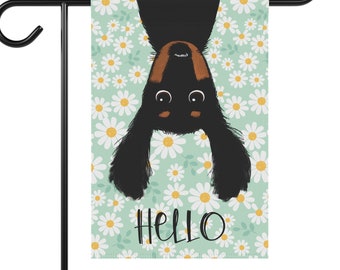 Cute Dachshund Garden Flag Hello Black and Tan Wiener Dog Funny Greeting Floral Flag Doxie Mom Dachsie Lover Dad Gift ~ Pole Not Included