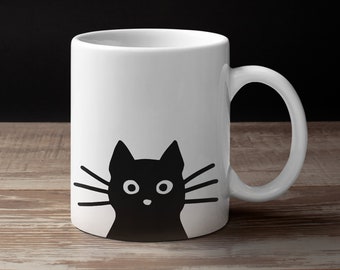 Peeking Black Cat Coffee Mug | Curious Cat is Watching You | Funny Cat 11oz Ceramic Mug for Home and Office Purrfect Cat Lover Gift