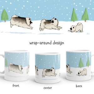 Keeshond Winter Holiday Mug Cute Keeshonden Family Playing in the Snow Keesie Lover Ceramic Coffee Mug 11oz or 15oz Dog Lover Christmas Gift