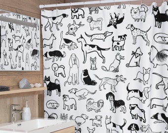 Dogs Shower Curtain | Black and White Dog Drawings Polyester Bathroom Shower Curtain with Variety of Dog Breeds 71" X 74"