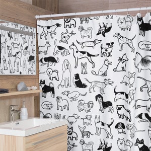 Dogs Shower Curtain | Black and White Dog Drawings Polyester Bathroom Shower Curtain with Variety of Dog Breeds 71" X 74"