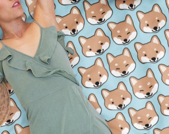 Cute Shiba Inu Throw Blanket 50" X 60" Minky Plush Blanket Kawaii Dogs Shiba Inu Faces Patterned Blue Sofa Throw