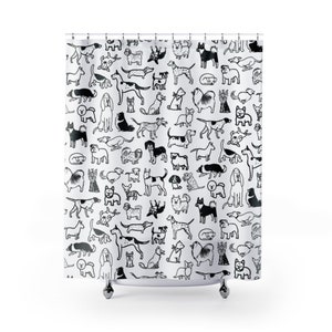 dog sketches keeshond black ink drawing funny dogs shower curtain