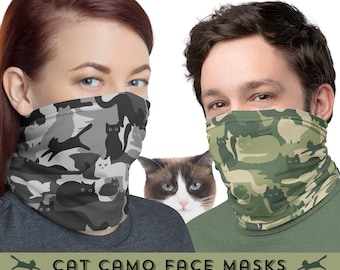 Camouflage Cats Neck Gaiter Face Mask Army Green or Grey Cats and Kittens Camo Multipurpose Face Covering Headband for Cat People