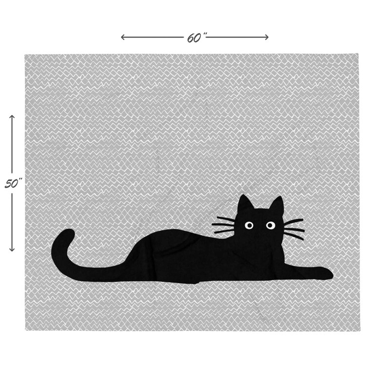 Black Cat Throw Blanket Soft Fleece with Zig Zag Grey and White Pattern