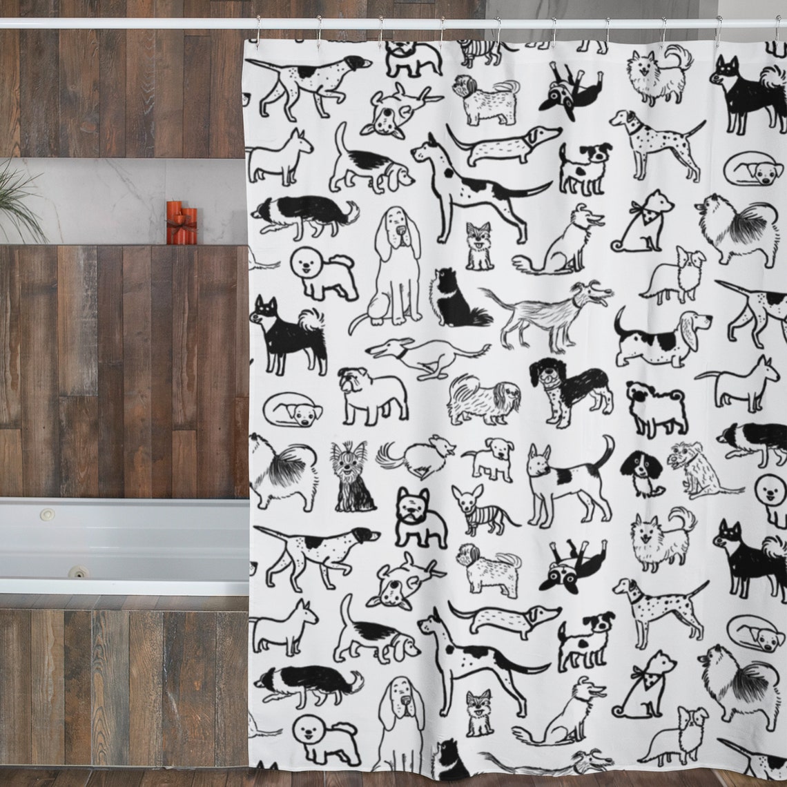 Dogs Shower Curtain Black and White Dog Drawings Polyester | Etsy